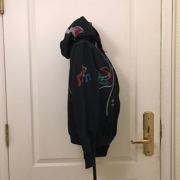 Rare Platinum Plush Black Full Zip Fleece Hoodie With Multicolor Musical Notes - Picture 7 of 10
